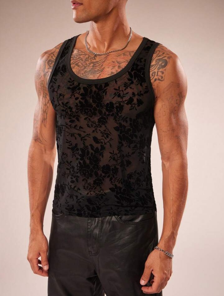 Men's Flocked Mesh Round Neck Sleeveless Tank Top
